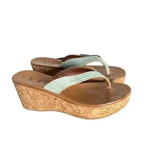 K.JACQUES St Tropez Diotrite Cork Platform Thong Suede Leather Sea Blue France